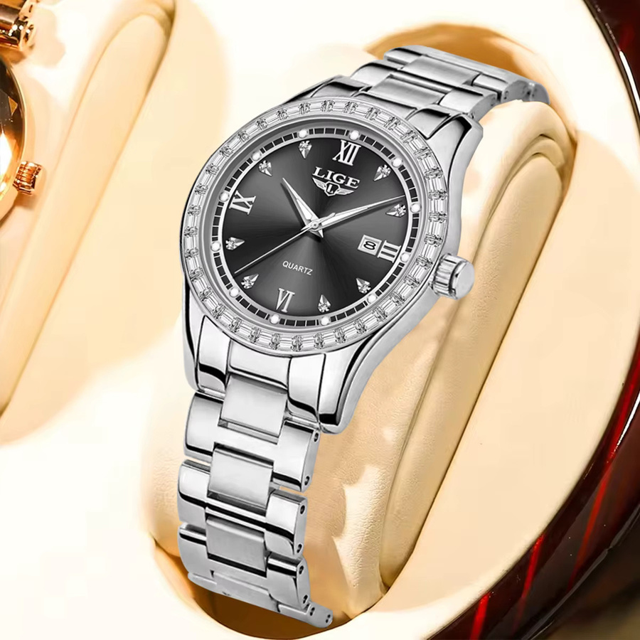 LIGE Armbanduhr Quarz, Edelstahl, Diamant, Schwarz, Damen - Bild 2