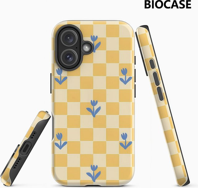 Handyhülle für Apple iPhone 17 16 15 14 13 12 Pro Max Plus mit blauem Blumenmuster und gelbem Schachbrettdesign, doppellagige Rückseite - Bild 1