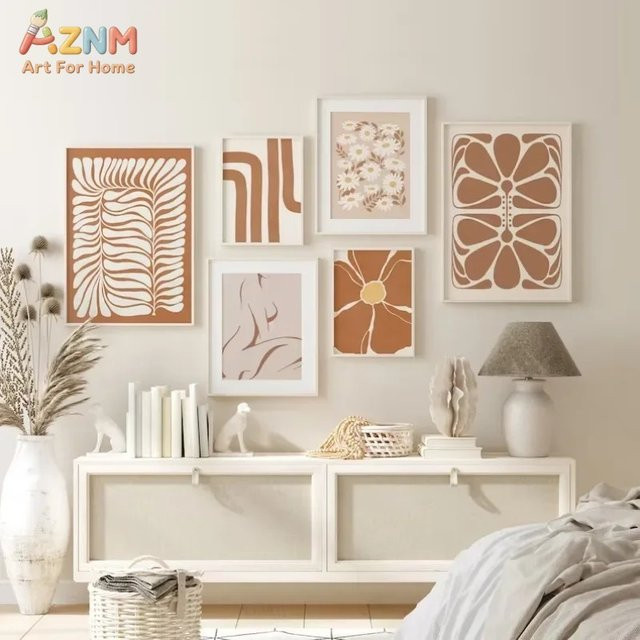 AZNM Boho abstrakte Blumen- und Blätter-Leinwand-Wandkunst in Beige mit botanischem Linienkunstdruck - Bild 1