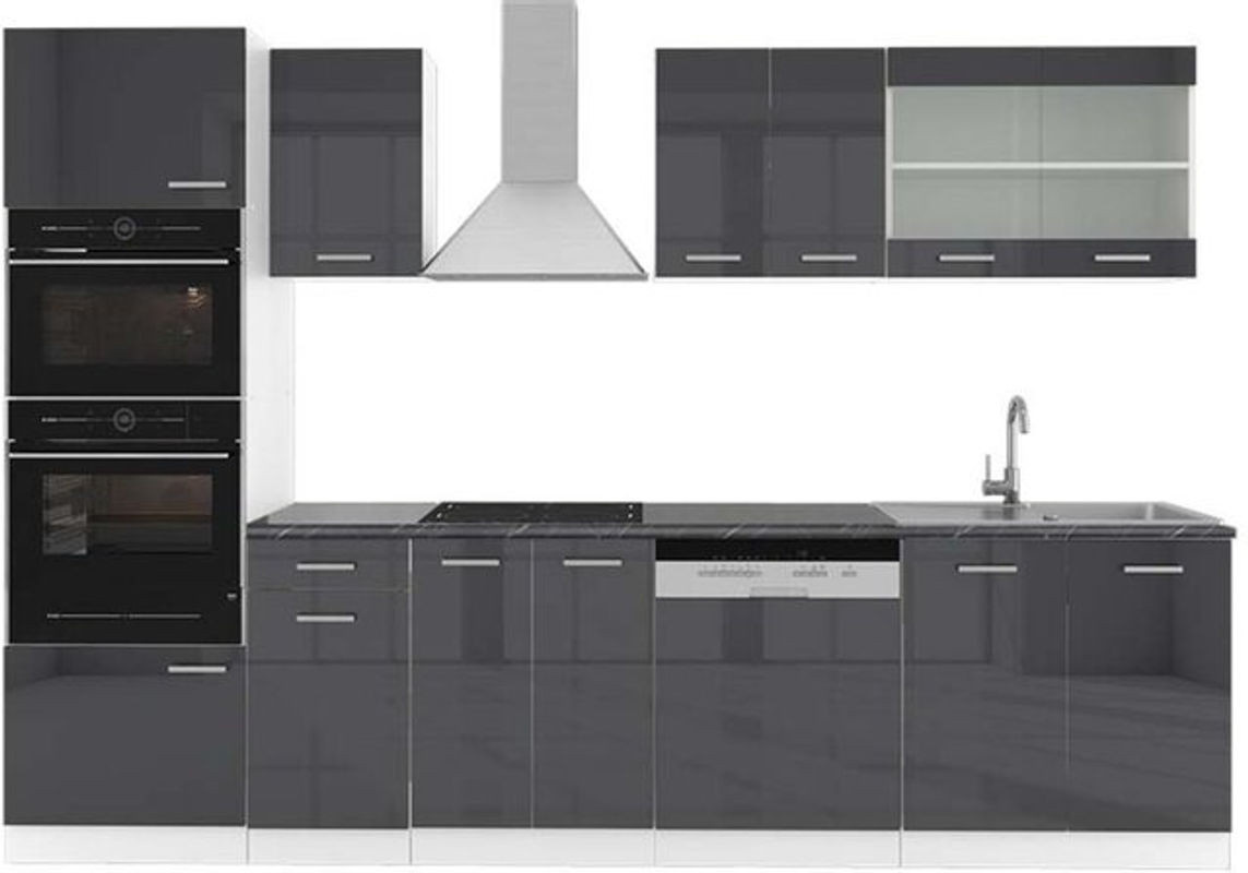 Vicco Küchenzeile R-Line in Anthrazit Hochglanz und Weiß mit Hochschrank, Breite: 300 cm - Bild 1