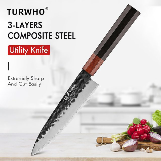 TURWHO Professionelles Kochmesser aus handgeschmiedetem 3-Schichten-Kompositstahl mit Holzgriff, 14 cm - Bild 1