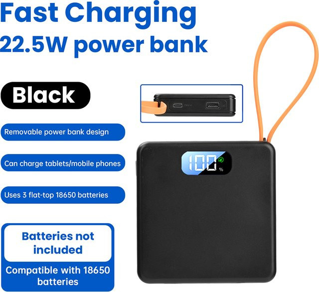 Gaqqee DIY Powerbank-Kit für 3x 18650 Zellen, abnehmbares Batteriegehäuse in Schwarz, 10W/22,5W lötfreies mobiles Ladegerät - Bild 1