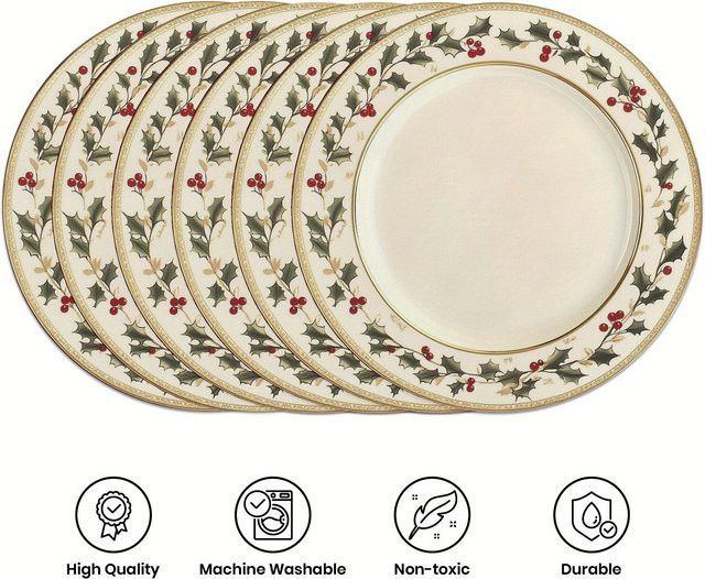 VIKAMA 6er Set Weihnachts Platzset mit Holly Berry Design, runde Anti-Wärme Tischmatte für Dekoration und Bankette - Bild 1