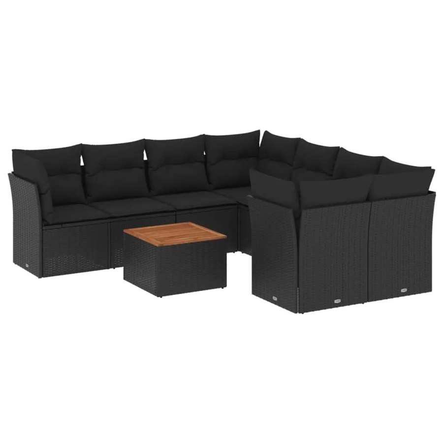 vidaXL 9-tlg Garten-Sofagarnitur in L-Form aus Polyrattan und Akazienholz mit Kissen, Schwarz - Bild 2