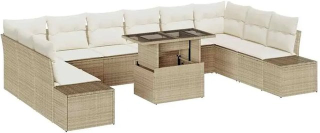 vidaXL Garten-Sofa-Set in U-Form mit Speicherfunktion, 11-teiliges Poly-Rattan Set in Beige mit Polsterung und Metallrahmen - Bild 1