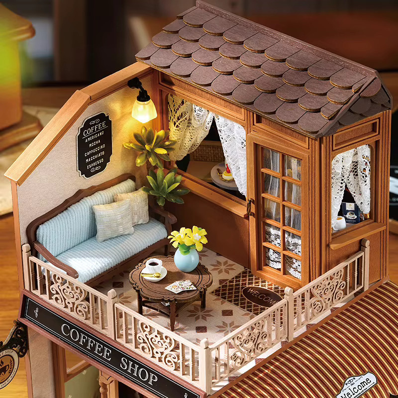 Zuuton DIY Holz Puppenhaus Miniatur Modell Kit mit LED-Licht als 3D Puzzle in Naturfarben - Bild 3