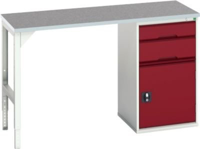 Unterbauwerkbank Bott verso mit Linoleum-Platte, 2 Schubladen, 1 Tür und 1 Ablageboden, Lichtgrau/Purpurrot, B/T/H: 150 x 60 x 93 cm - Bild 1