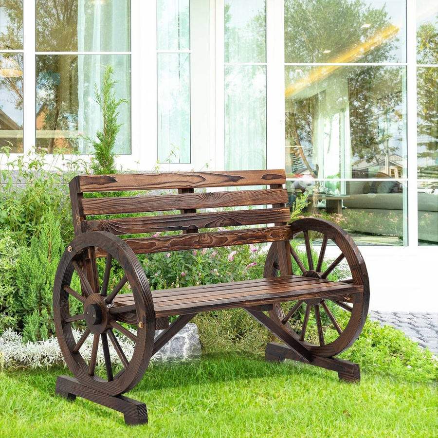Outsunny Gartenbank 2-Sitzer aus Tannenholz im Landhausstil mit Wagenrad-Armlehnen, Braun, B/T/H: 105,5 x 56 x 79 cm - Bild 4