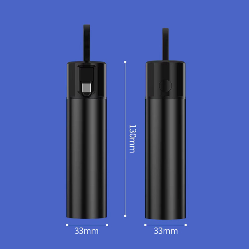 Tragbare Mini Powerbank mit 5000 mAh und integriertem Kabel sowie LED Taschenlampe in Schwarz für iPhone, Samsung, Xiaomi und Huawei - Bild 4