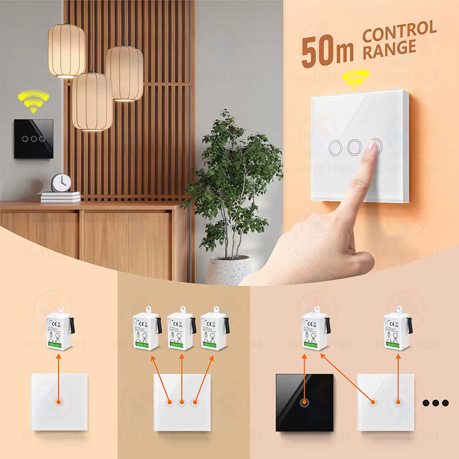 SLMPLEFUN Drahtlose Fernbedienung Lichtschalter 433 MHz RF Relais Modul für LED und Lampen, 86-Typ Wireless Touch Panel Schalter für 110 V bis 230 V - Bild 3