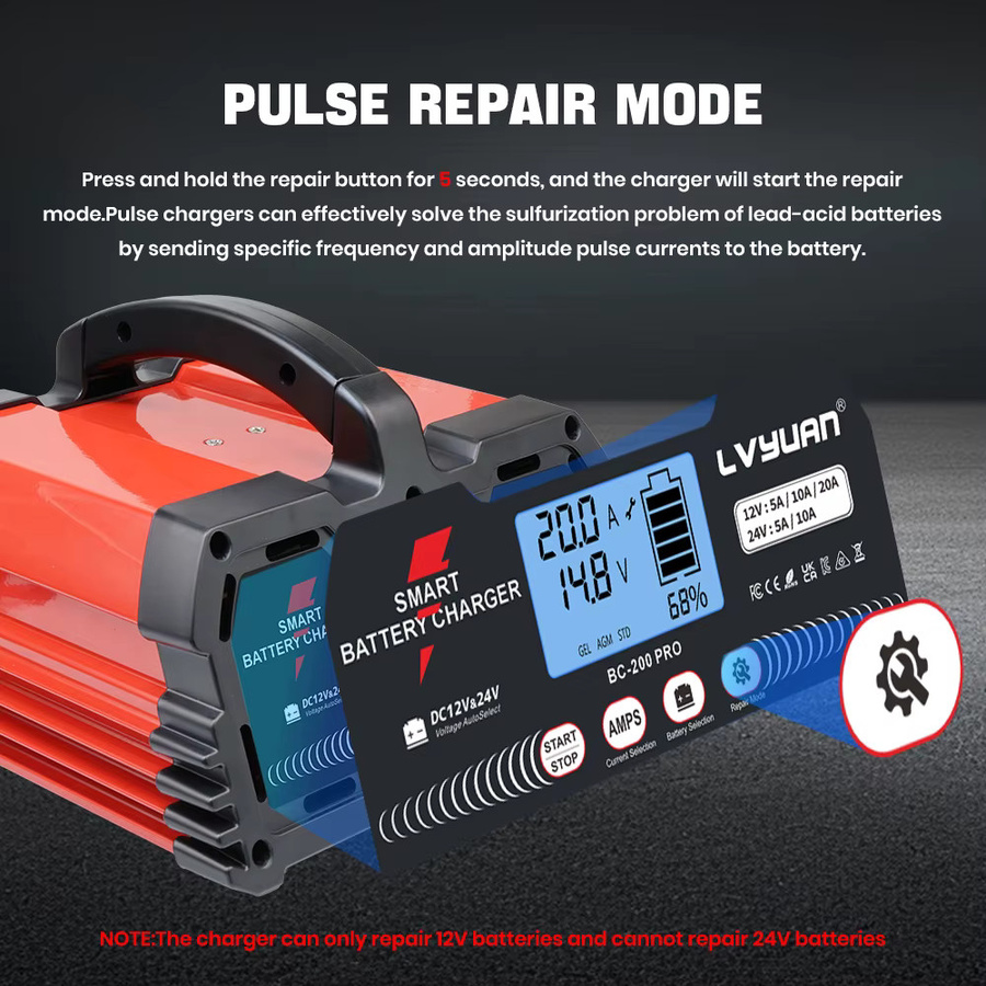 LVYUAN Batterieladegerät für 12V und 24V Blei-Säure, LiFePO4, AGM, STD und Gel Batterien mit Pulsreparaturfunktion in Rot - Bild 2