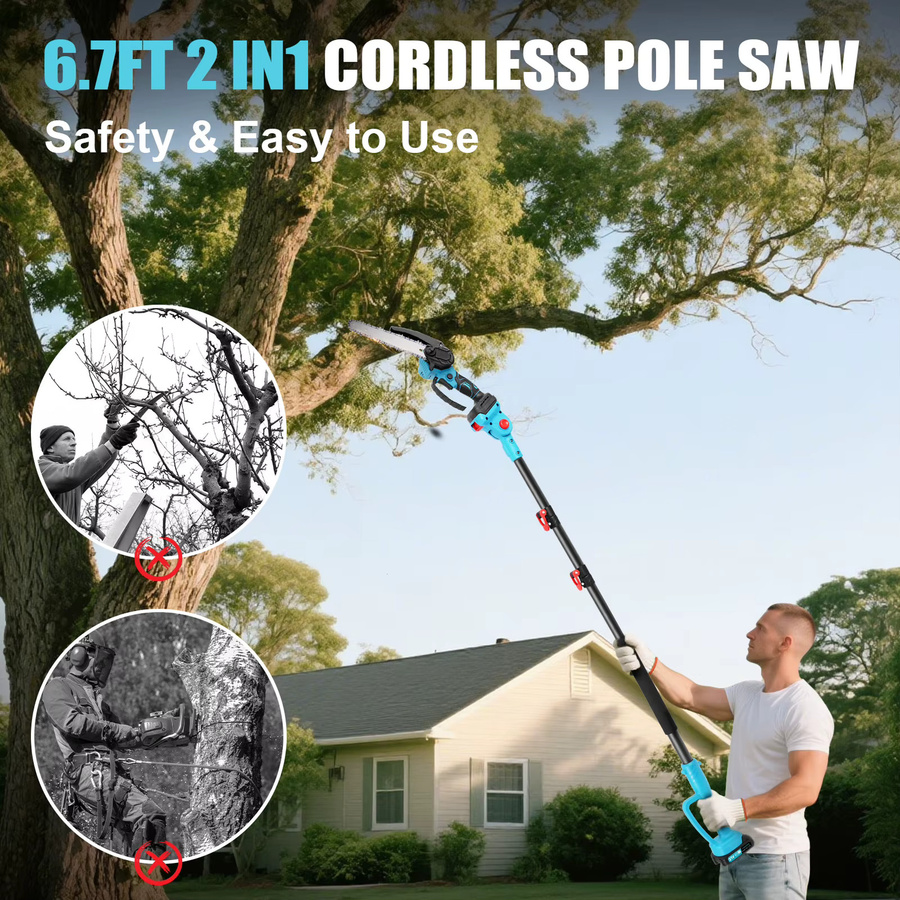 Bürstenlose Teleskop-Elektrokettensäge 8 Zoll für hohe Äste, blaues Gartenschneidewerkzeug kompatibel mit Makita 21V Akku - Bild 6