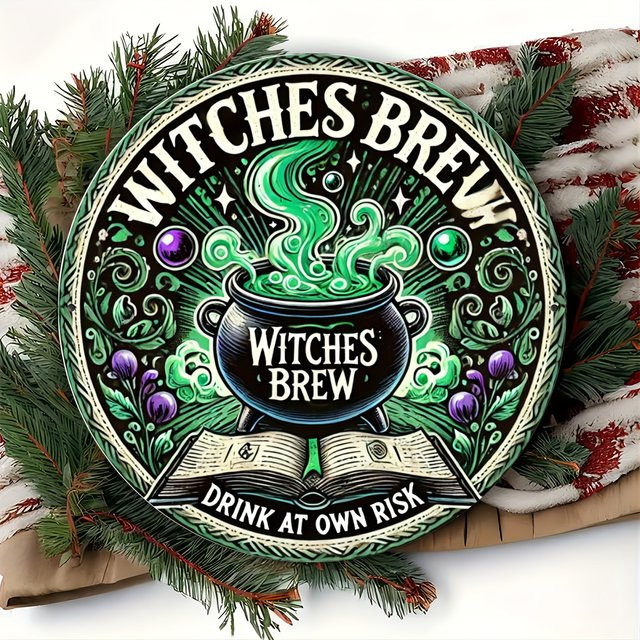 Rundes Aluminiumschild Potdemiel Witches Brew Drink at Own Risk Wanddekoration Halloween Vintage Design, Durchmesser: 20,3 cm - Bild 1