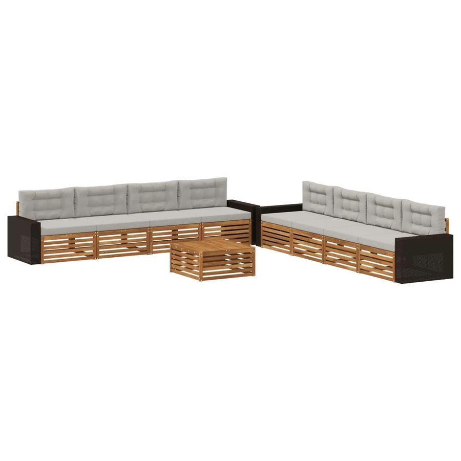 vidaXL Outdoor-Sofagarnitur aus Akazienholz und Polyester in Braun und Grau, 9-teiliges Set mit Tisch, Sitzmöbeln und Polstern - Bild 2