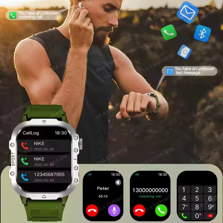 Militärische Smartwatch HW12 für Herren von Ola Esporte in Silber mit 2,01 Zoll Display, Fitness-Tracker, Gesundheitsüberwachung, Bluetooth-Anruffunktion und LED-Taschenlampe - Bild 3