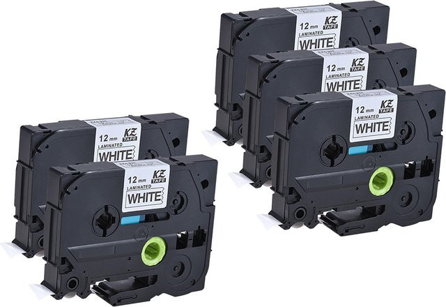 7 Stück laminiertes Etikettenband Schwarz auf Weiß, kompatibel mit Brother Ptouch Etikettendrucker PT1010, PT2100, PT18R, PTE200, PT9500, Breite: 12 mm, Länge: 8 m pro Band - Bild 1