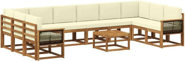 vidaXL Outdoor-Sofagarnitur aus Massivholz Akazie in L-Form, 11-teiliges Set mit Polstern, Farbe: Natur und Beige - Bild 1