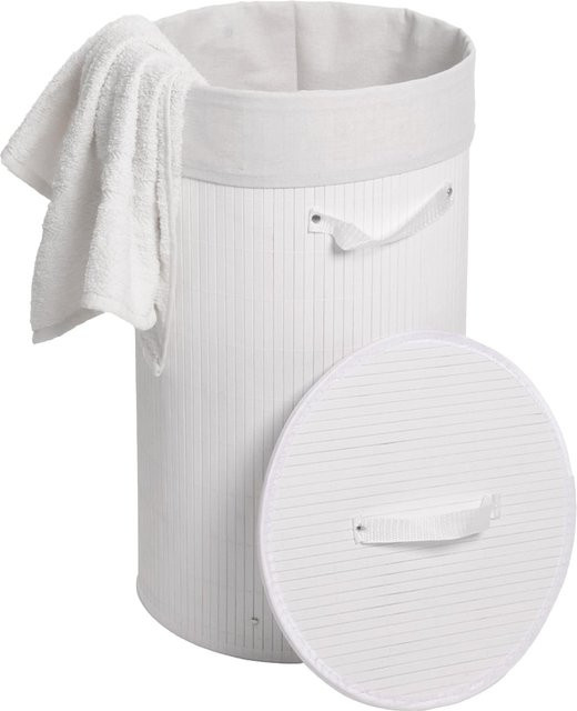 Wäschekorb MCW-C21 aus Bambus in Weiß, runder Wäschesammler mit 50l Fassungsvermögen, Höhe: 59 cm, Durchmesser: 35 cm - Bild 1