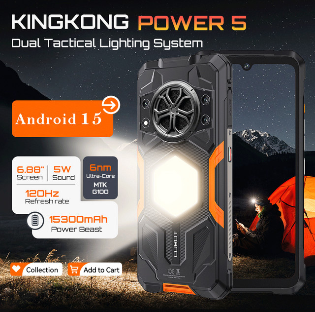 Cubot KingKong Power 5 Robustes Smartphone Android 15 in Schwarz mit 15300 mAh Akku, 6,88 Zoll 120-Hz-Display, 16 GB RAM, 128 GB ROM, 4G LTE, NFC und Campingleuchte - Bild 1