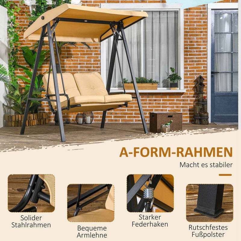 Outsunny Hollywoodschaukel beige aus Stahl mit Sonnen canopy und Kissen, B/H/L: 106 x 174 x 138 cm - Bild 4