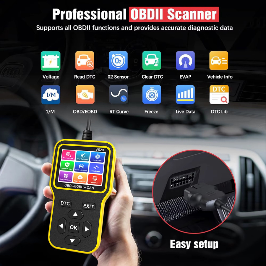 RUOGINSS OBD2-Scanner Diagnosetool mit Check Engine Light Code Reader, Reset-Funktion, Batterietester und Live-Daten in Gelb - Bild 3