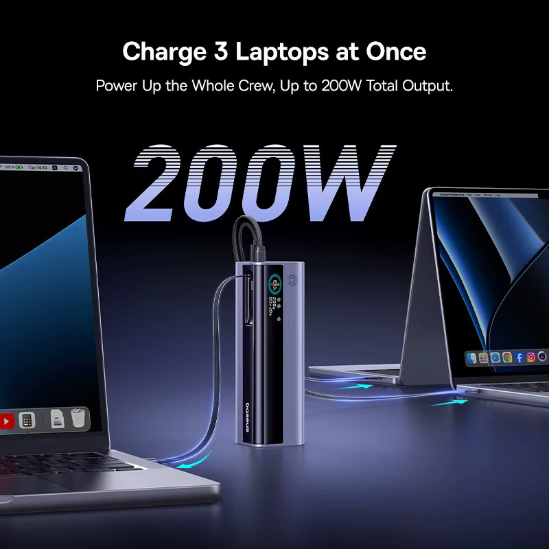 Baseus Powerbank 25000mAh mit 200W Schnellladefunktion und zwei einziehbaren USB-C-Kabeln in Grau - Bild 2