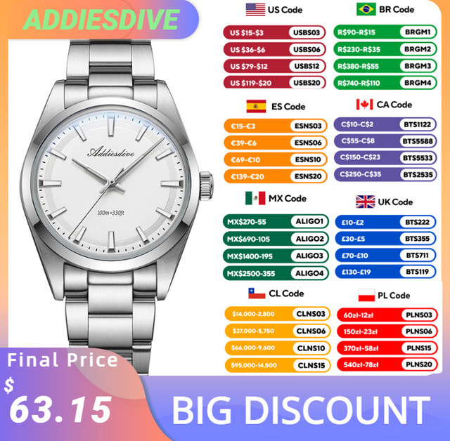 ADDIESDIVE Armbanduhr, Quarz, Edelstahl, Silber, Herren - Bild 1
