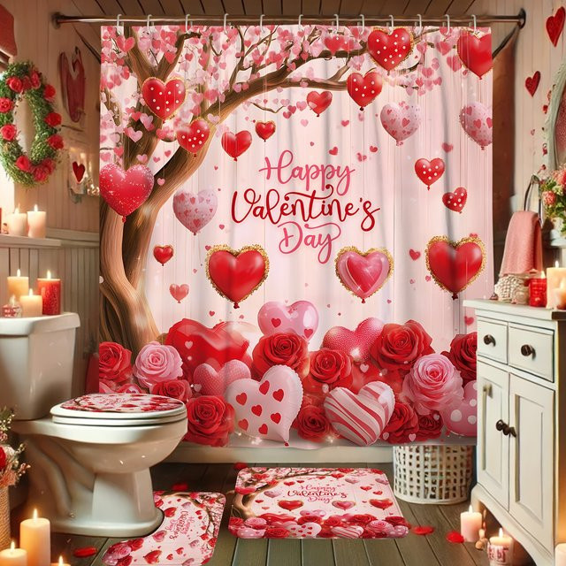 VIKAMA Duschvorhang Kirschblüten-Herz-Design in Pink, wasserdicht und dekorativ mit Rosengarten-Motiv, B/H: 180 x 180 cm - Bild 1
