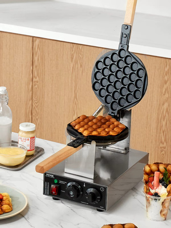 Vevor Kommerzielles Eierblasen-Waffeleisen aus Edelstahl mit 1400 W, 2 drehbaren Antihaft-Pfannen und Holzgriffen, Silber