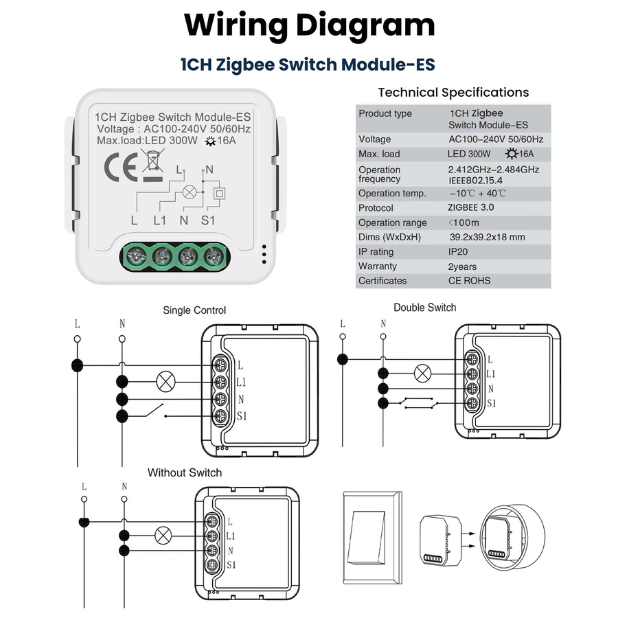 GIRIER Tuya ZigBee 3.0 Smart Switch Modul WiFi Home Automation Breaker Relay mit Power Monitor Funktion und 2-Wege-Steuerung in Weiß - Bild 3