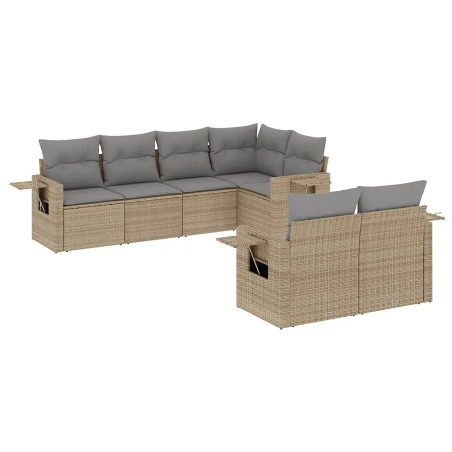vidaXL 7-teilige Garten-Sofagarnitur in L-Form aus Poly-Rattan mit Kissen in Beige-Grau - Bild 2