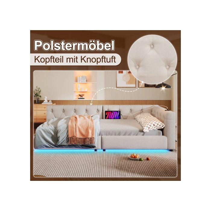 MUVOE Schlafsofa und Tagesbett in Beige mit USB- und Typ-C-Anschluss sowie Unterbettbeleuchtung, Breite: 90 cm, Länge: 200 cm - Bild 2