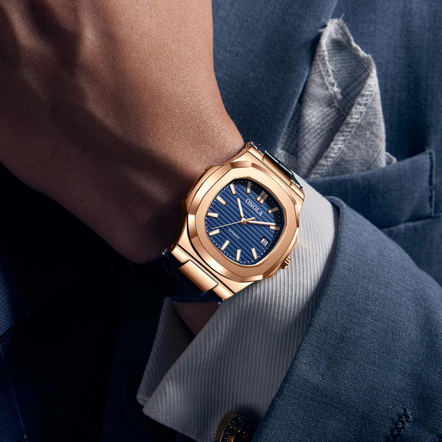 ONOLA Armbanduhr Automatik, Leder, Gold, Edelstahl, Herren - Bild 2