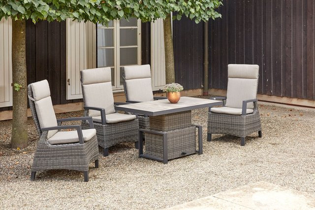 Siena Garden Corido Garten-Essgruppe in Charcoal mit 4 Diningsesseln, Aluminium und Gardino-Geflecht, höhenverstellbarer Lifttisch, B/T/H: 130 x 75 x 47-71 cm - Bild 1