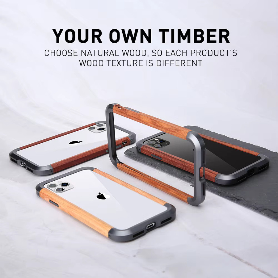 R-just Luxus Handyhülle aus Aluminium und Naturholz für iPhone 15 14 Plus 13 12 Pro Max in Braun/Mehrfarbig - Bild 3