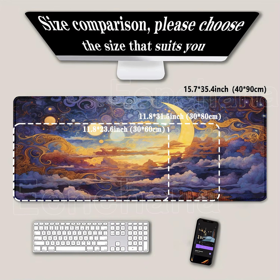 Eenehana XXL-Schreibtischunterlage mit Vollmond und Nacht Motiv, rutschfestes Gaming-Mauspad in Multicolour, B/T: 90 x 40 cm - Bild 2