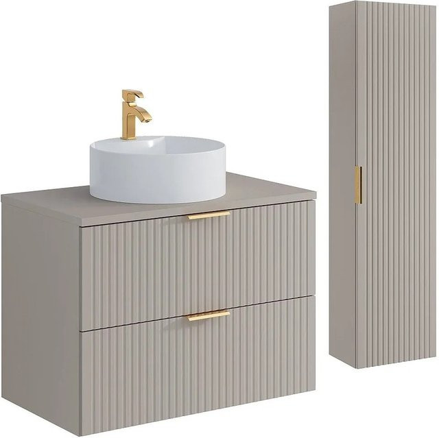 Vente-unique Badmöbel-Set Zevara in Beige im Art-Déco-Stil mit Hängebadmöbel, Aufsatzwaschbecken und Hochschrank, Breite: 80 cm - Bild 1