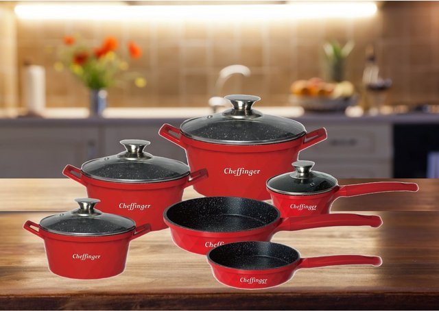 12-teiliges Cheffinger Kochtopf Set Diamant in Rot mit Antihaftbeschichtung für Induktion aus Aluminium und Keramik inklusive Deckel, Stielkasserolle und Kochtopf - Bild 1