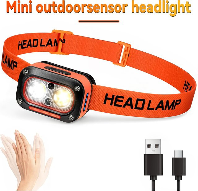 USB wiederaufladbare LED-Stirnlampe mit Bewegungssensor in Schwarz für Camping, Laufen und Radfahren - Bild 1