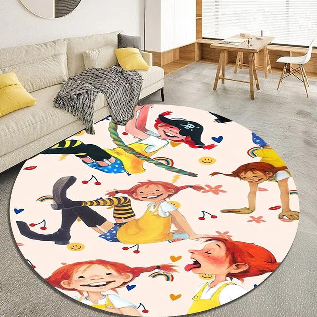 Runder Pippi Langstrumpf Teppich von On My Love Home, rutschfeste und waschbare Bodenmatte für Wohnzimmer, Schlafzimmer oder Spielzimmer, Durchmesser: 100 cm - Bild 1