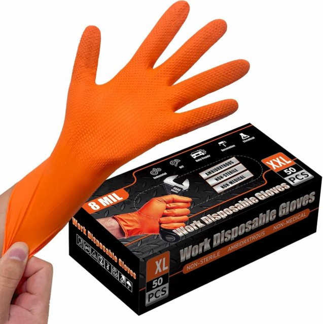 YUMARCH Nitril Einweghandschuhe in Orange und Schwarz, 8Mil Hochleistungs-Handschuhe mit diamantstrukturiertem Griff, latexfrei, Größe XXL - Bild 1