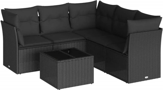 vidaXL 6-tlg Garten-Sofagarnitur in L-Form mit Kissen und Couchtisch, Schwarz, Poly-Rattan und Metall - Bild 1