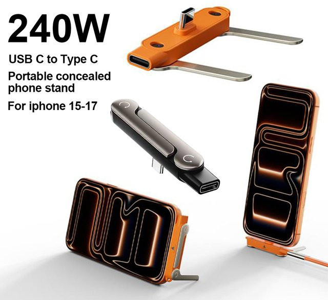 VBNM 2-in-1 Tragbarer Faltbarer Handyständer mit 360-Grad Drehbarkeit und 240W USB-C zu Typ-C OTG Adapter in Orange - Bild 1