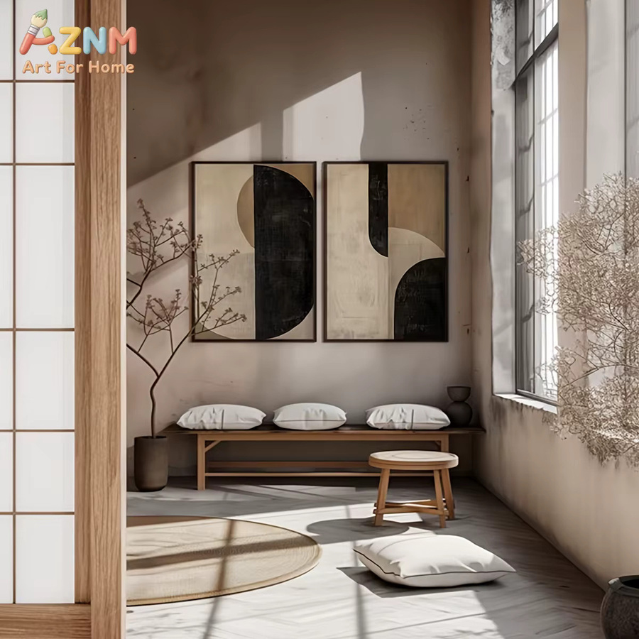 AZNM Abstrakter Leinwanddruck mit geometrischem Design in Beige und Schwarz, minimalistische Wanddekoration für Wohnzimmer und Schlafzimmer, ungerahmt - Bild 3