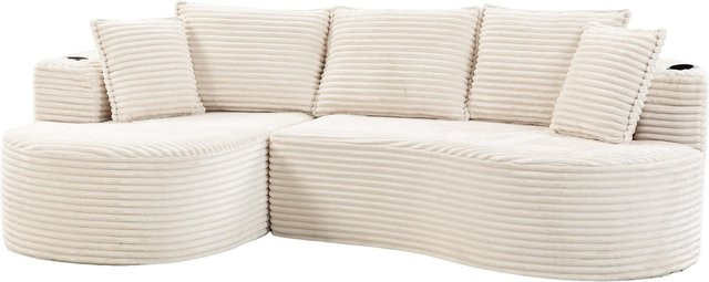 GOMYWAY Home Ecksofa aus Cord in Beige mit beidseitigen Getränkehaltern, Seitentaschen und Kissen, B/T/H: 250 x 152 x 82 cm - Bild 1