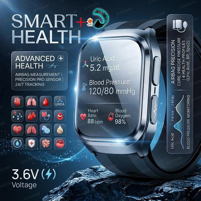 GUHUAVMI Gesundheits-Smartwatch mit Blutdruckmessung, Harnsäure- und Blutfettmessung, wasserdicht, für Herren und Damen in Schwarz und Rot - Bild 1