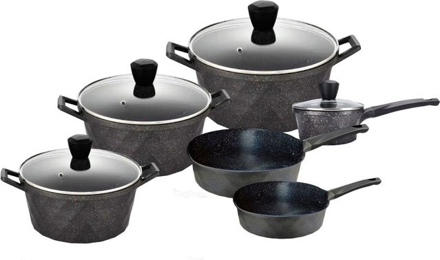 12-teiliges Kochtopf Set von Cheffinger in Grau mit Antihaftbeschichtung aus Aluminium und Gusseisen inklusive Deckeln - Bild 1