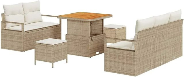 vidaXL Garten-Sofa-Set aus Poly-Rattan und Akazienholz in Beige mit 8 Teilen und Kissen - Bild 1