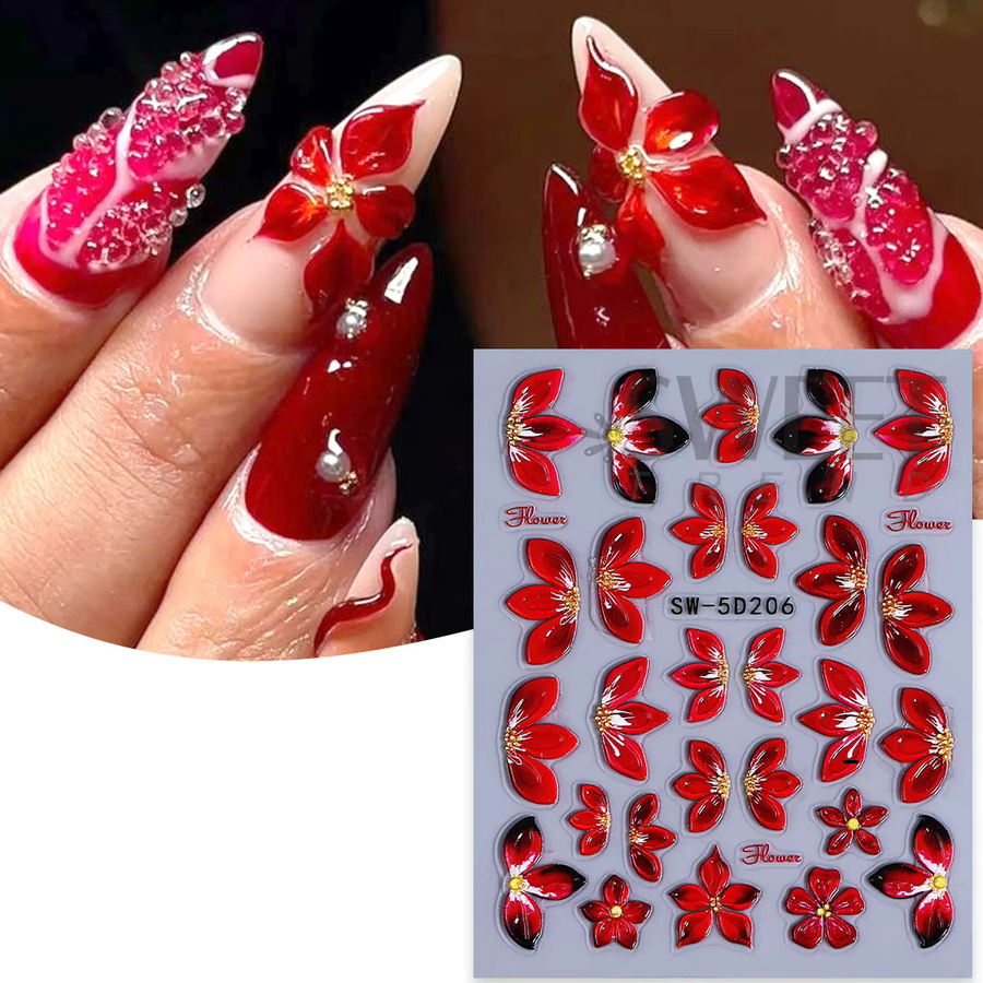 SWEET TREND Prägefolien für Nägel, Rote Blütenblatt-Designs, 2 Stück - Bild 2