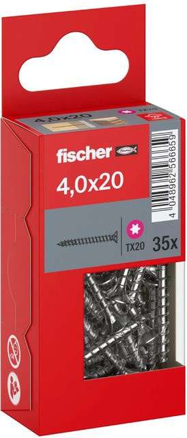 Fischer PowerFast II A2 Senkkopf Schraube mit Torx-Antrieb und Vollgewinde aus Edelstahl, Farbe: Silber, Durchmesser: 4 mm, Länge: 20 mm, 35 Stück - Bild 1